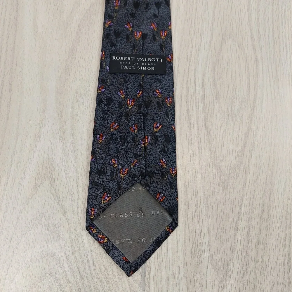 Robert Talbott Necktie Mens OS Grey‎ Floral Tulip Silk Best of Class Paul Simon